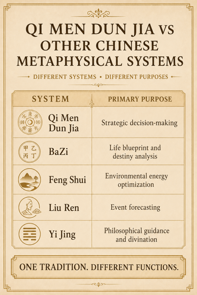 Qi Men Dun Jia compared to other Chinese metaphysical systems