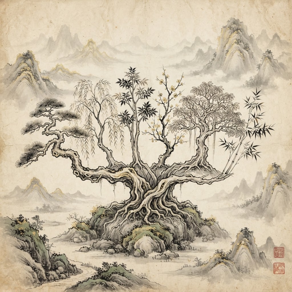 Six schools of Chinese philosophy growing from a single root, ink-wash gold style