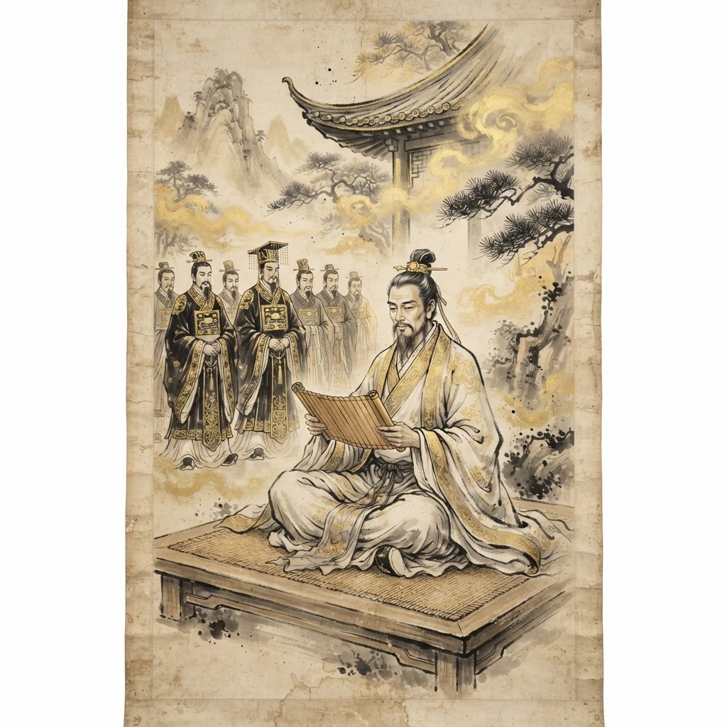 Daoist sage among court officials, ink-wash gold style