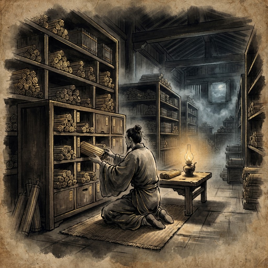 Ancient Chinese library with bamboo scrolls, ink-wash gold style