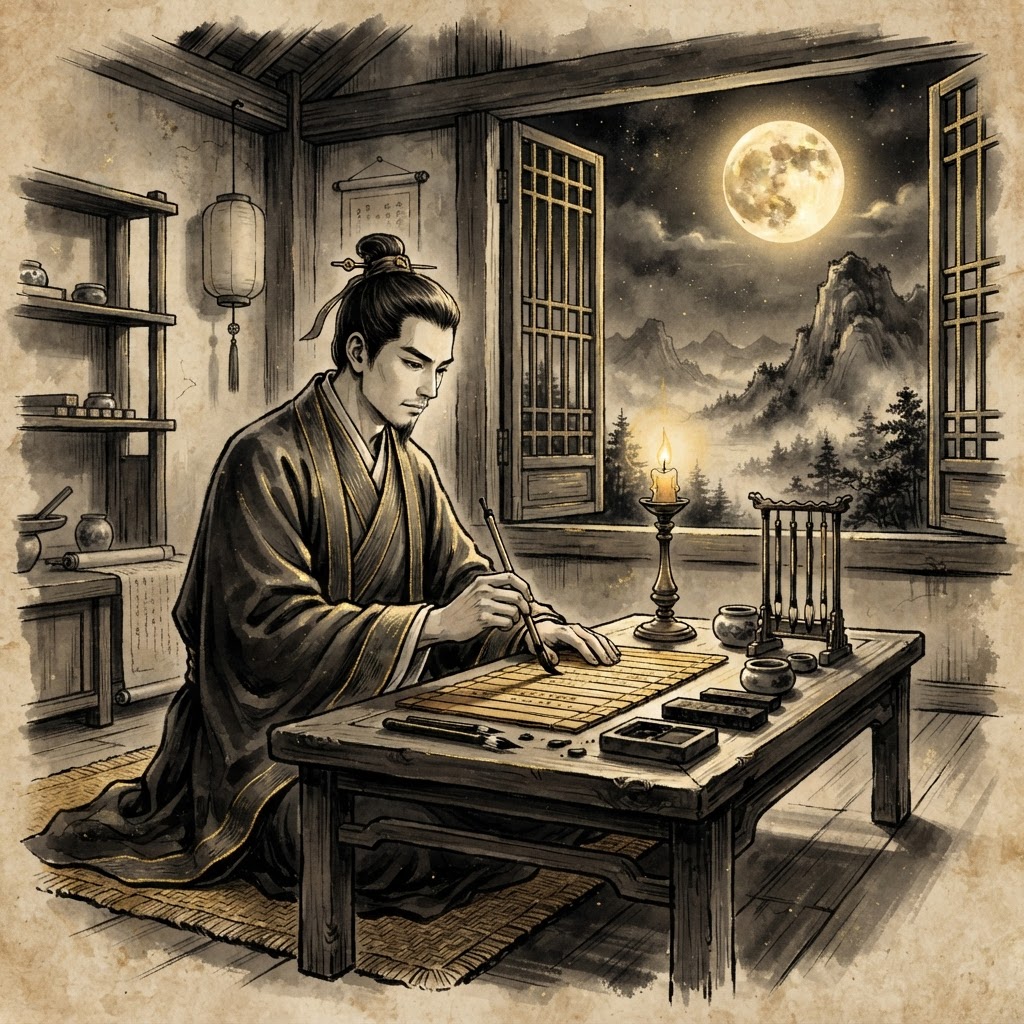 Scholar writing by candlelight in Han dynasty study, ink-wash gold style