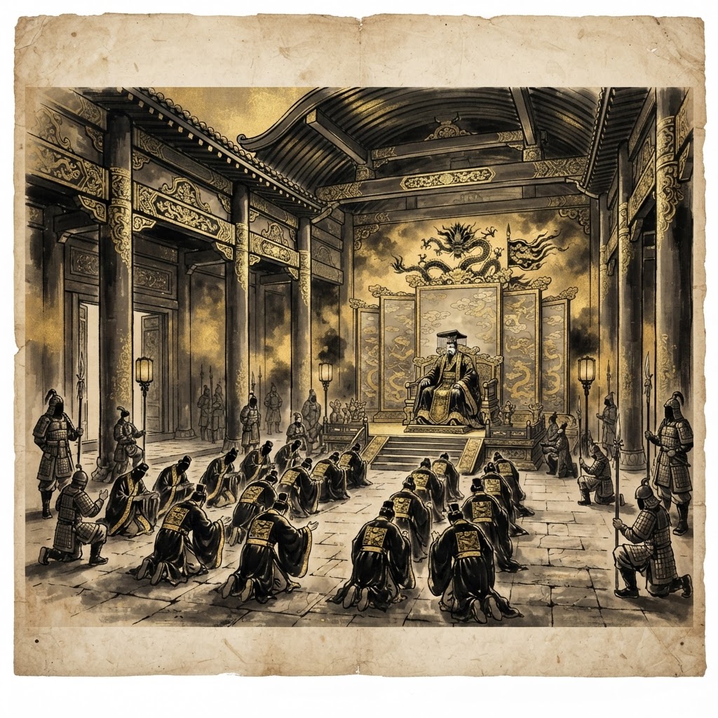 Han dynasty imperial court scene, ink-wash gold style