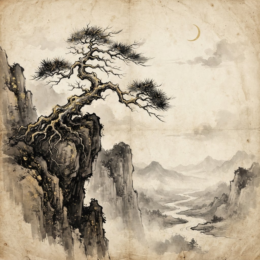Pine tree on rocky cliff representing endurance, ink-wash gold style