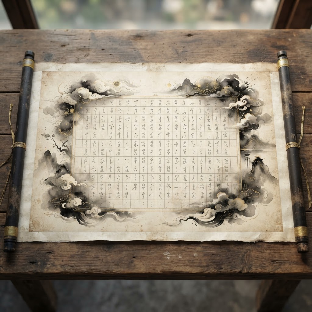 BaZi birth chart scroll with eight characters