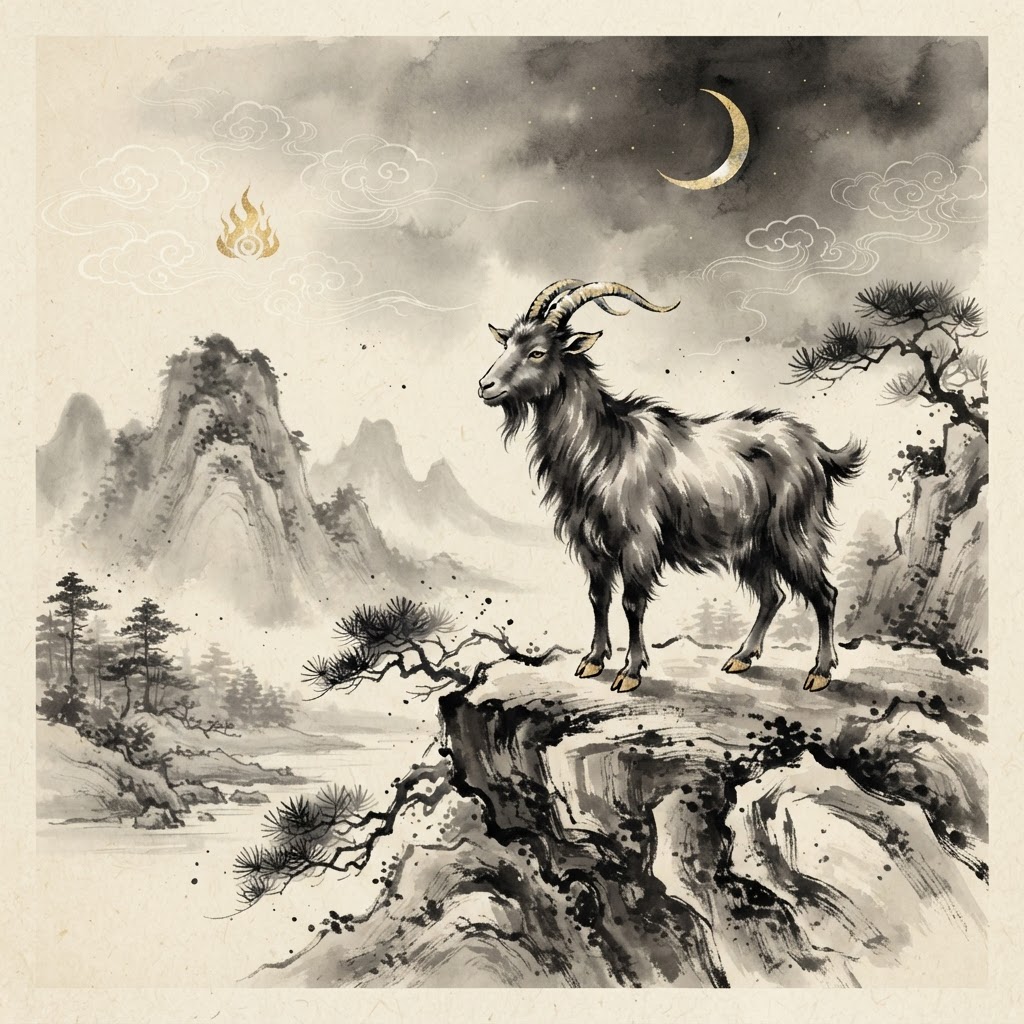 Ink-wash illustration of a dignified goat on a mountain ridge under a crescent moon