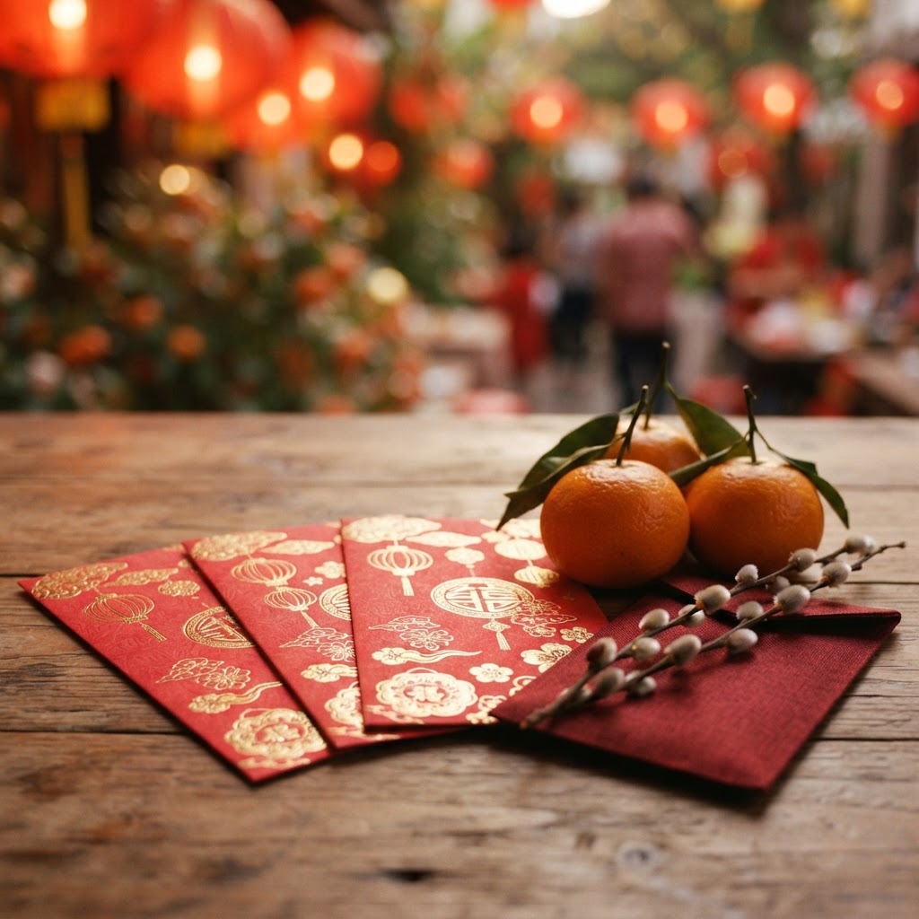 Red packets with gold patterns beside mandarin oranges and pussy willow