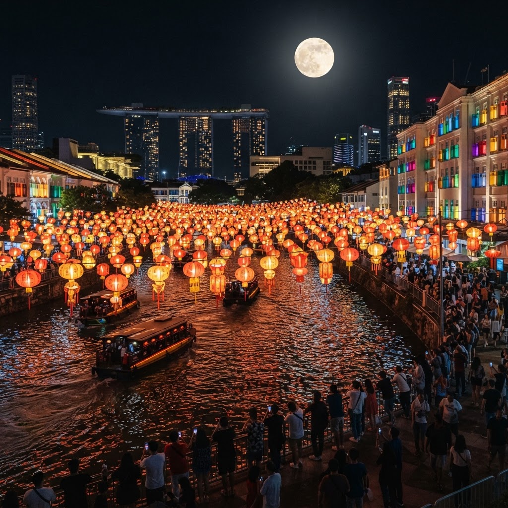 Red and gold lanterns glowing over the river at the Lantern Festival close of Chinese New Year