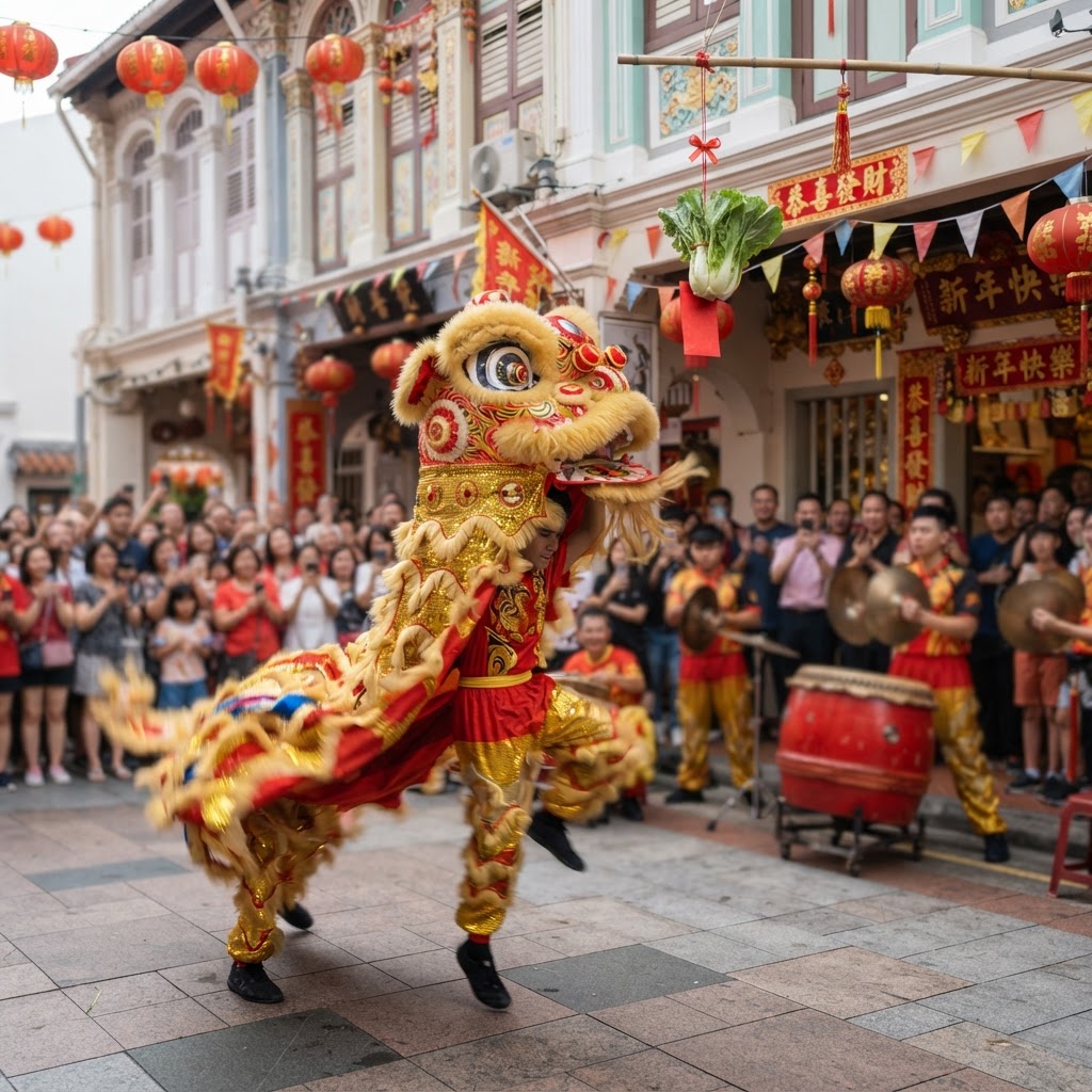 A lion dance mid-performance outside a decorated shophouse with a red packet above