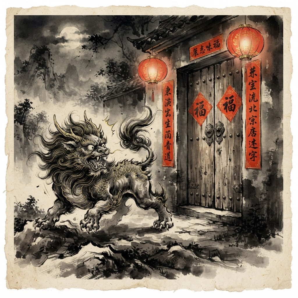 Ink-wash illustration of the Nian beast recoiling from red lanterns and spring couplets