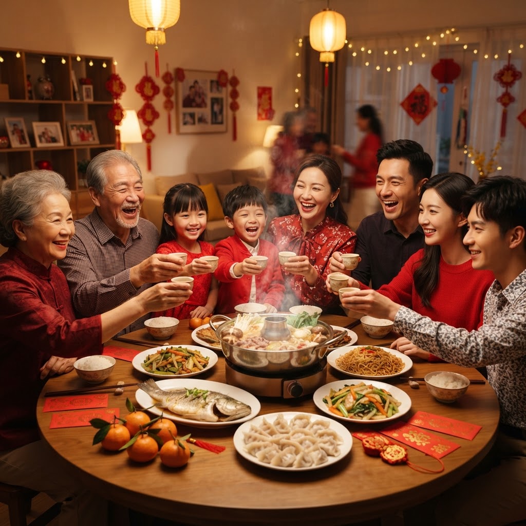 A multi-generation Chinese family at a reunion dinner with hotpot on New Year's Eve