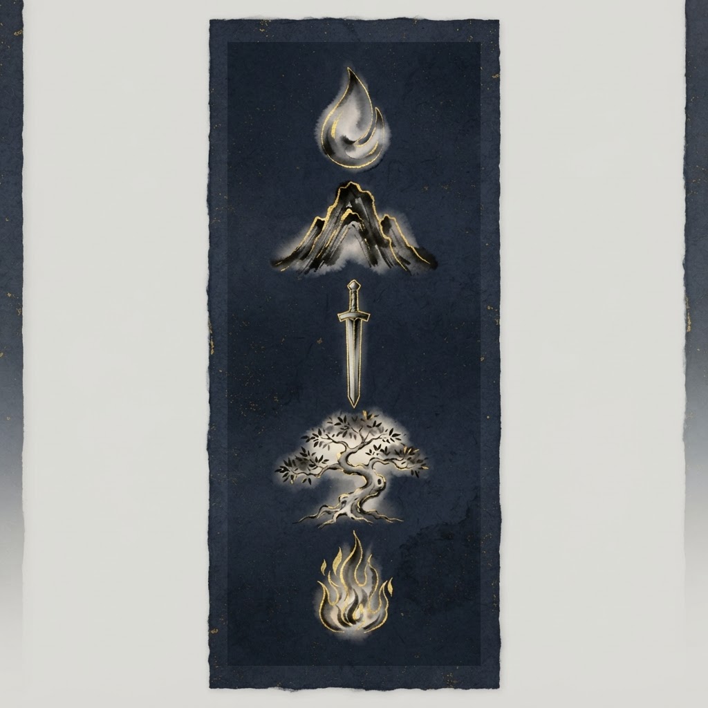 Five Elements symbols corresponding to the five face shapes