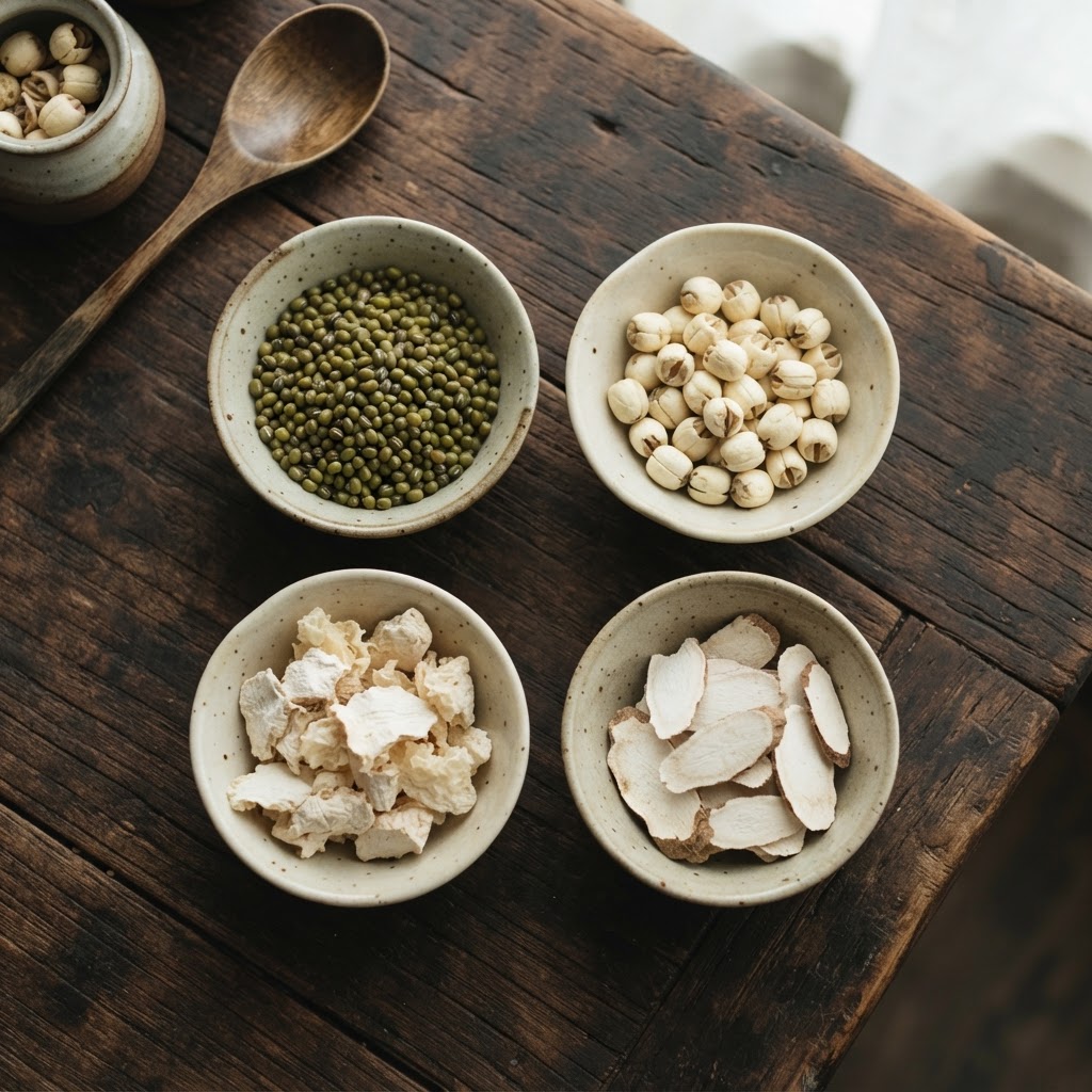 Mung beans, lotus seeds, Chinese yam and poria, food therapy for dampness