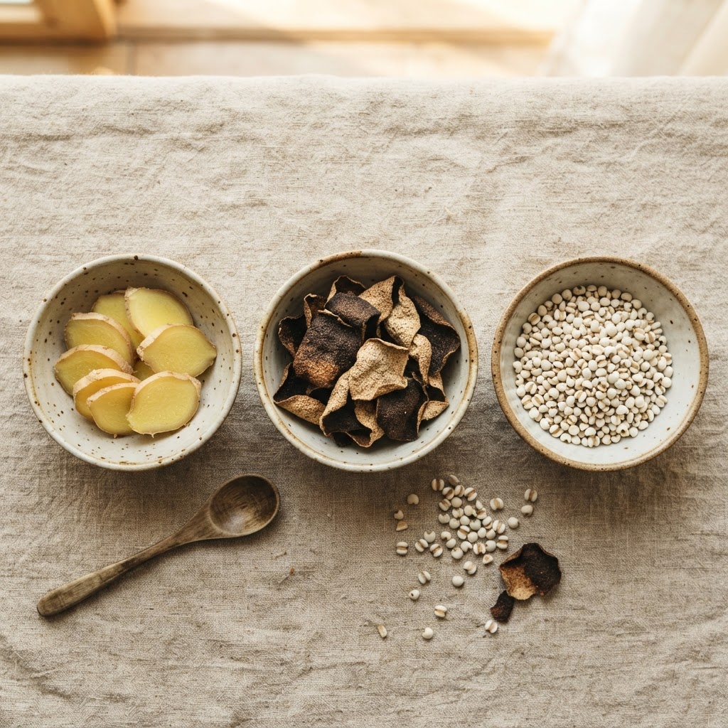 Dried tangerine peel, ginger and barley, the classic teas for dampness