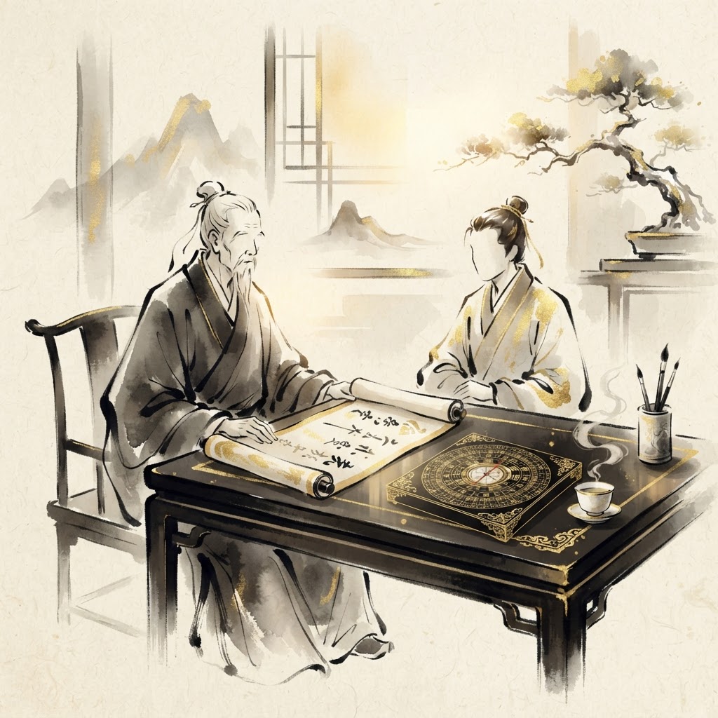 Qimen consultation with divination scroll and compass