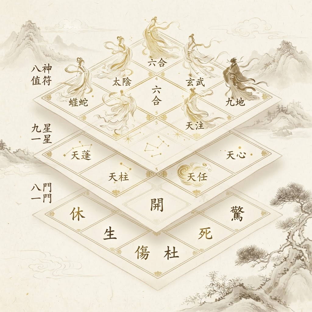 Nine palace grid showing three layers of doors, stars and gods in Qimen chart reading