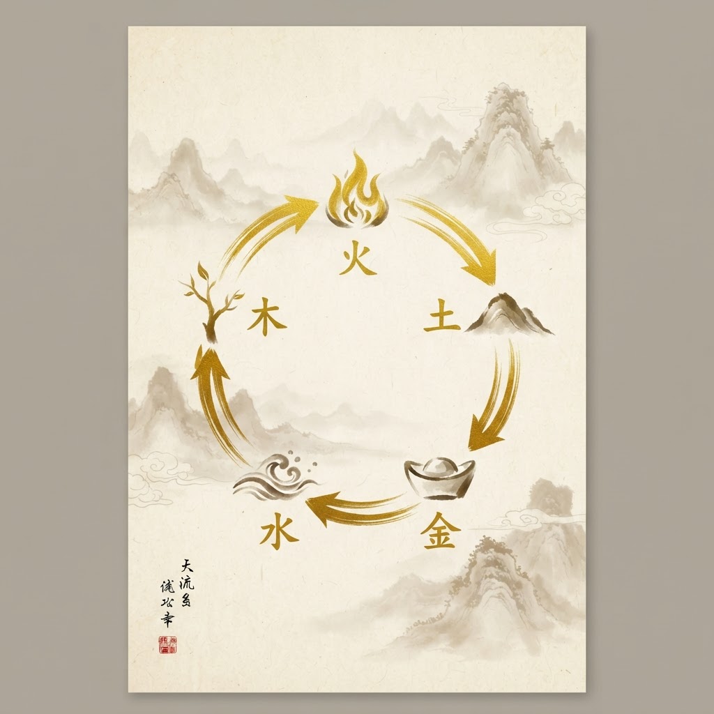 Five elements generating cycle showing wood, fire, earth, metal, water in circular arrangement