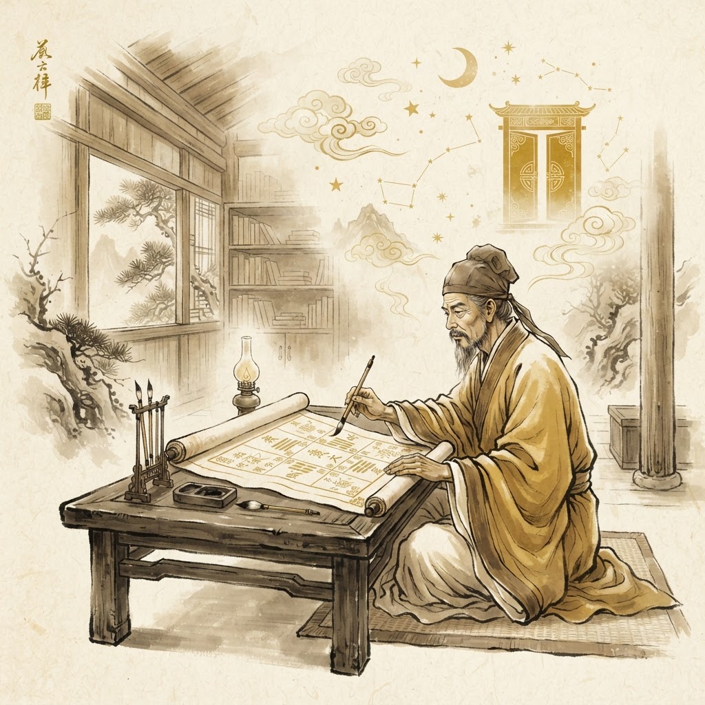 Ancient scholar studying a nine-palace chart reflecting the consultation process in Qimen