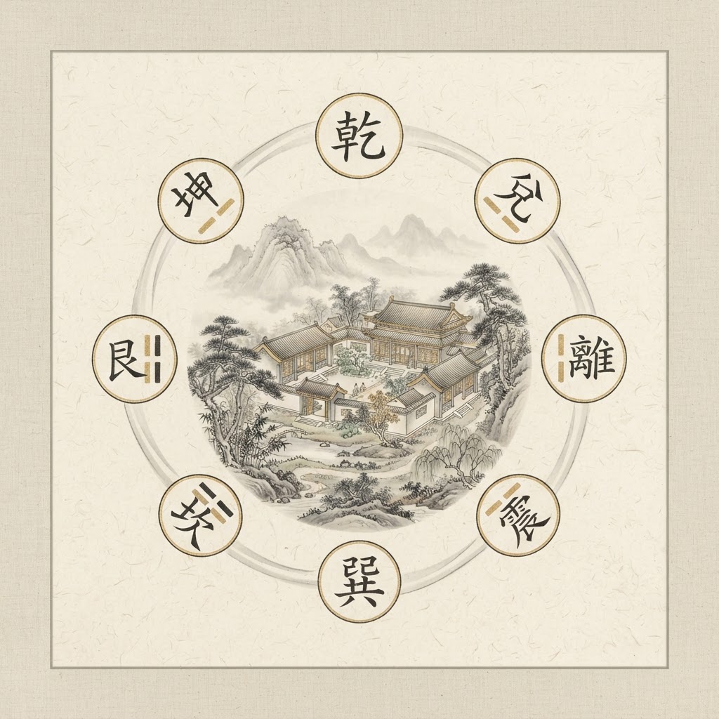 Eight Mansions feng shui house with bagua trigrams, classical ink painting