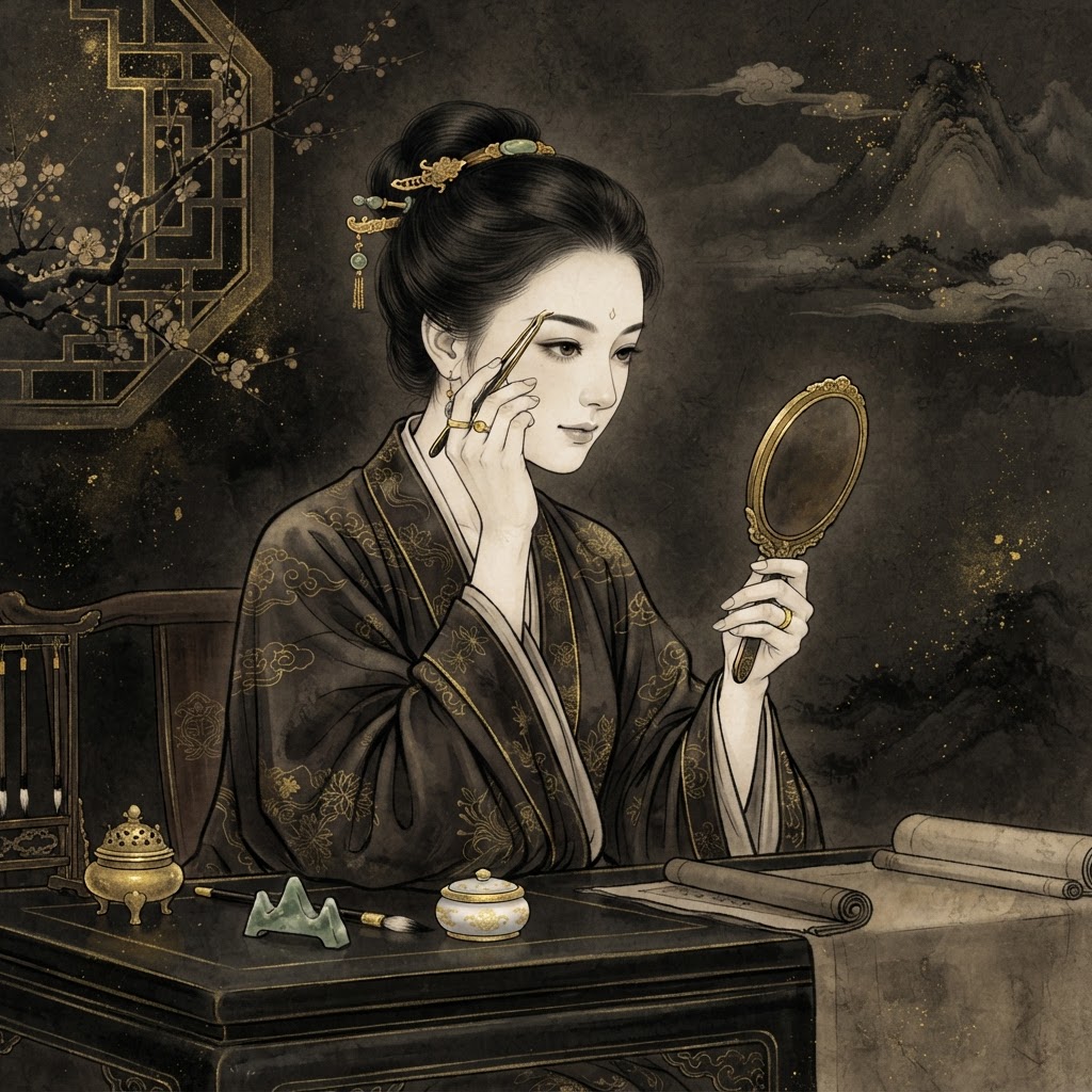 Ink-wash painting of eyebrow grooming in classical Chinese face reading