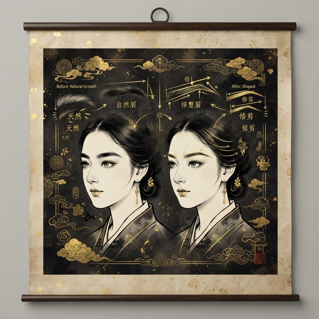 Chinese face reading chart comparing natural and groomed eyebrow shapes
