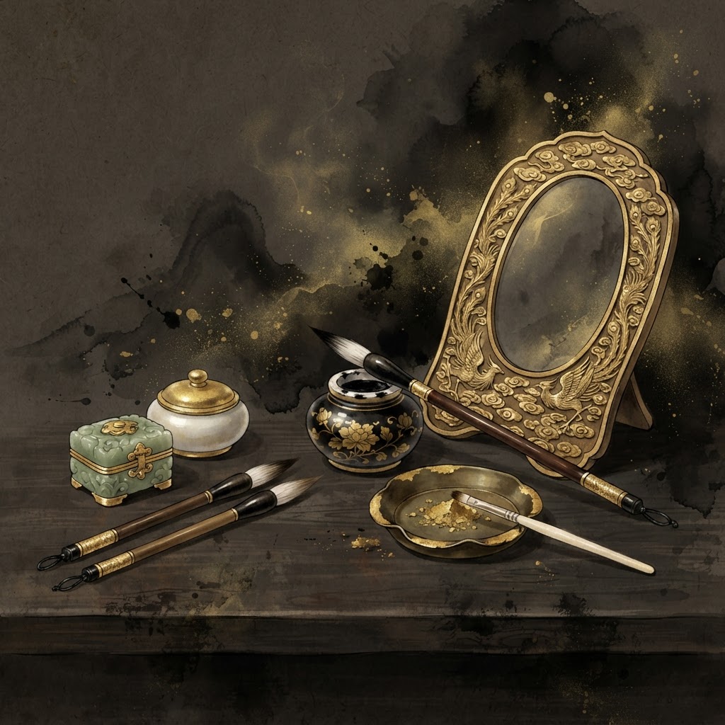 Traditional Chinese cosmetic tools and eyebrow pigments