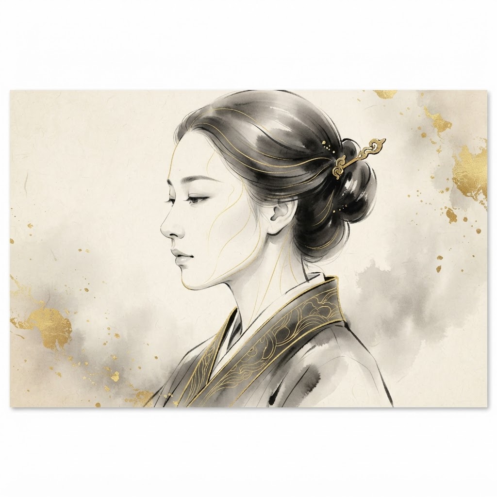 Serene face profile with gold physiognomy lines