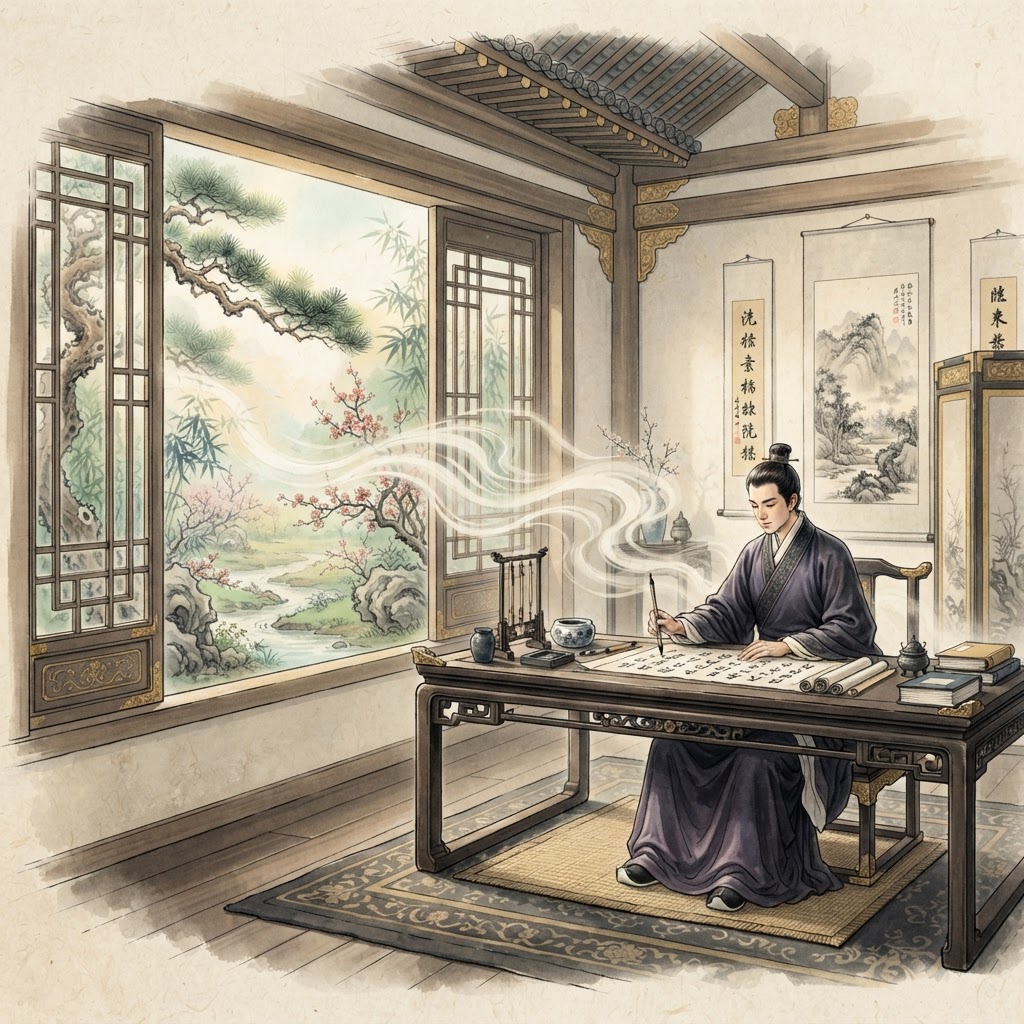Scholar desk facing a bright window for good feng shui energy