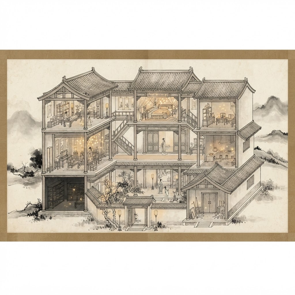 Apartment rooms with flying star energies in ink painting style