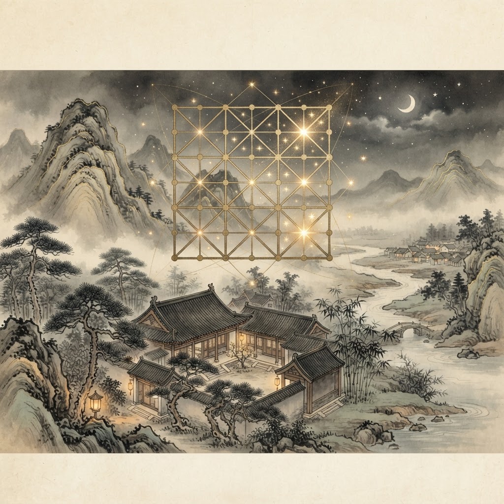 Flying star feng shui nine palace grid over a traditional house