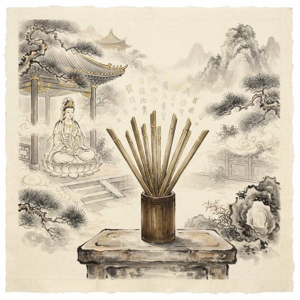 Guan Yin divination lot sticks in traditional Chinese ink-wash style