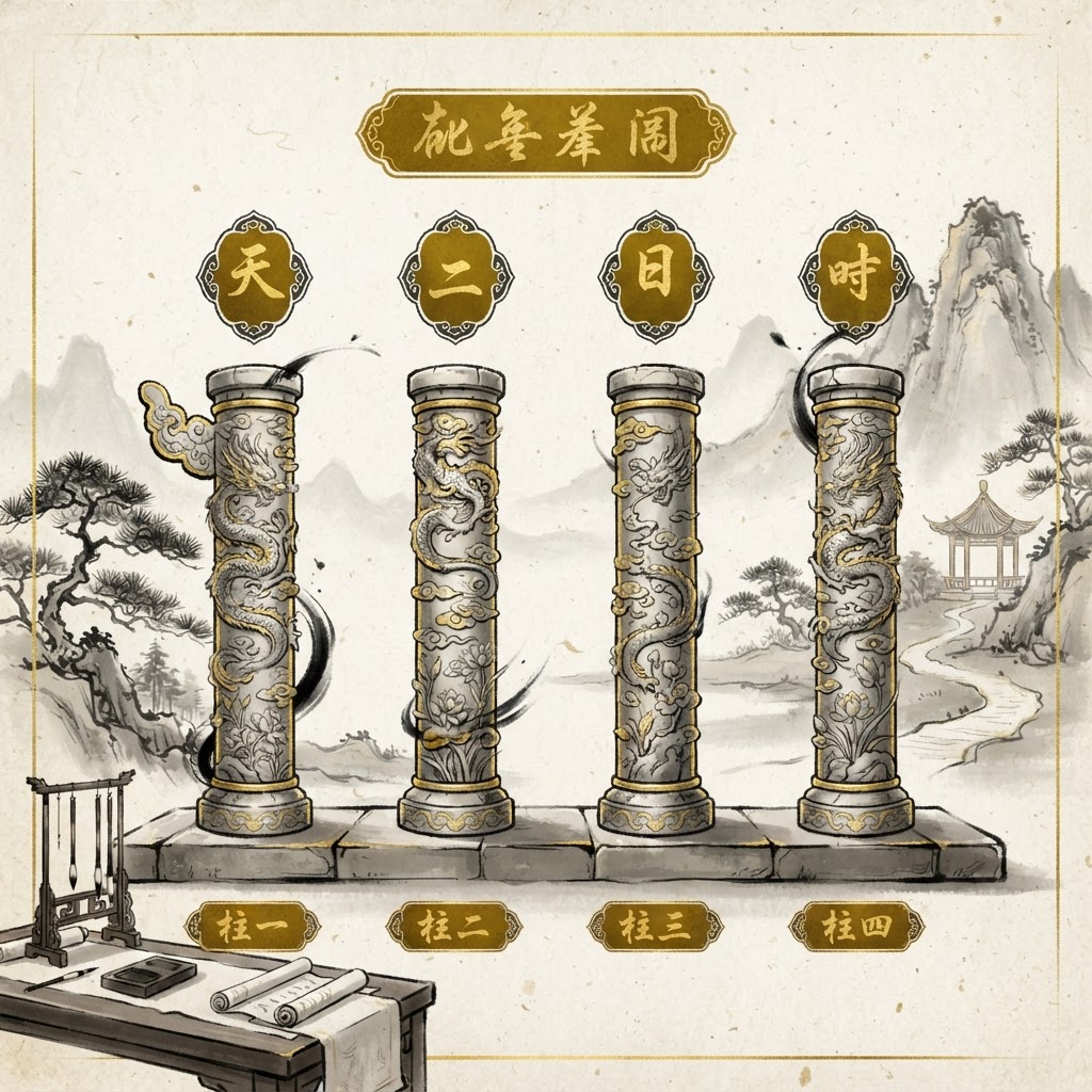 Four pillars in Qimen destiny ink-wash gold style