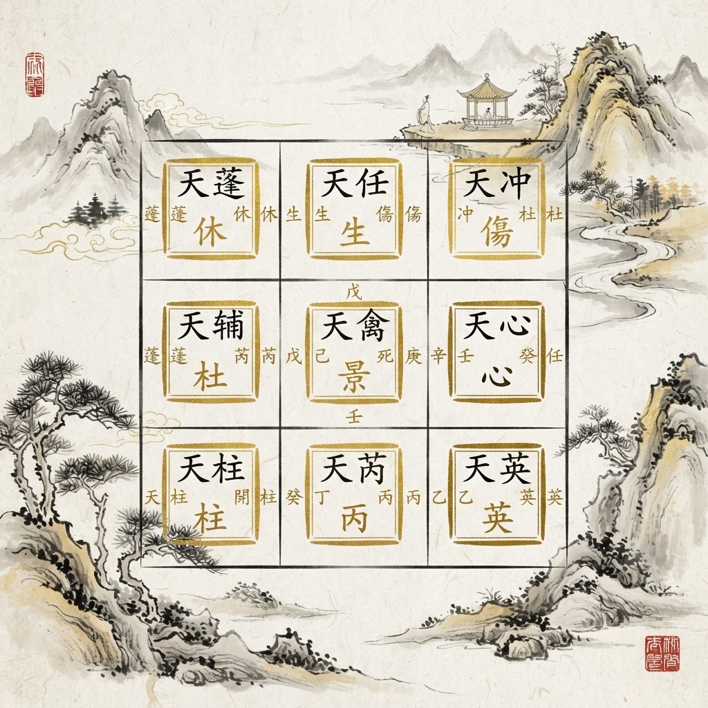 Nine-palace Qimen destiny chart layout in ink-wash style with gold accents
