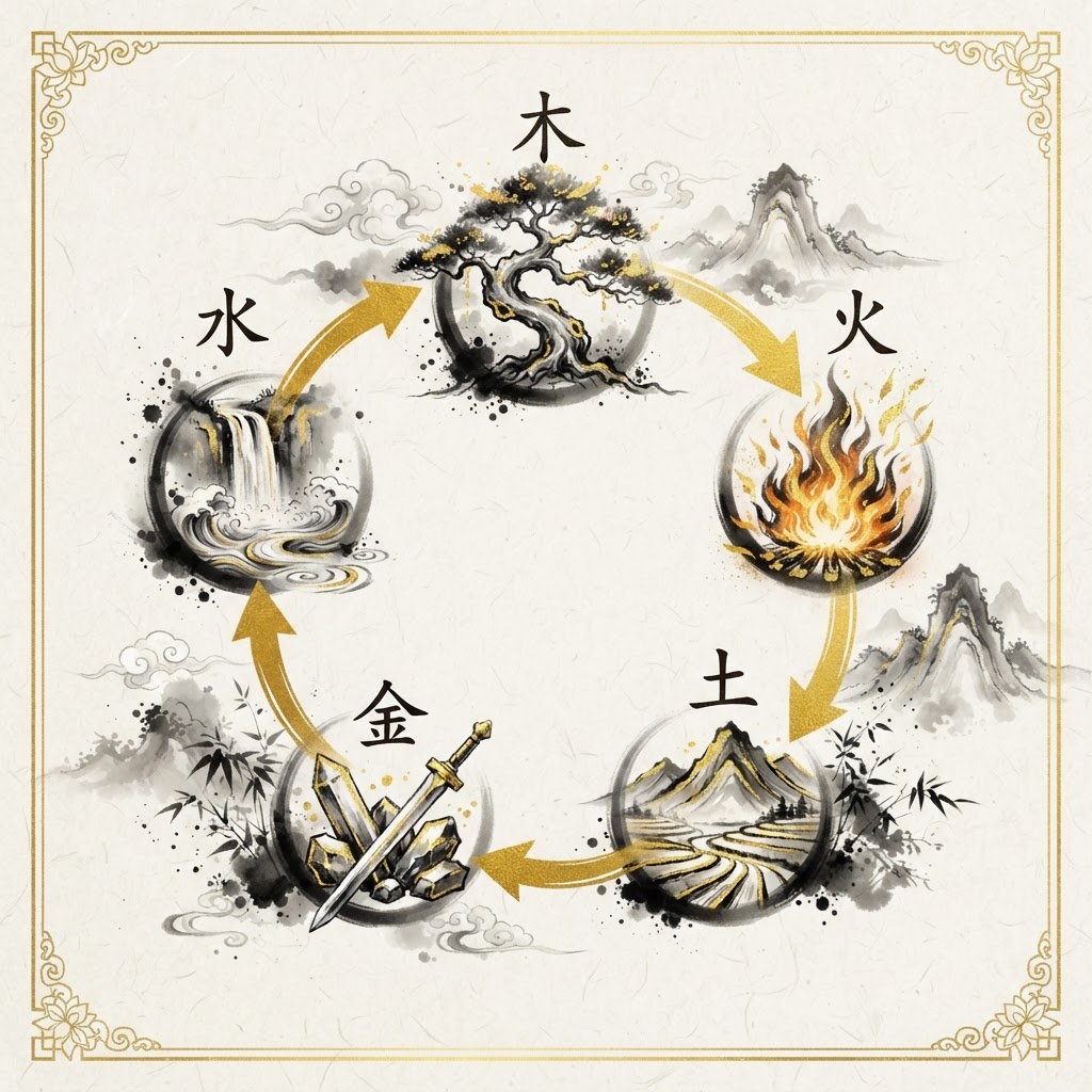 Five elements generating cycle in ink-wash gold style