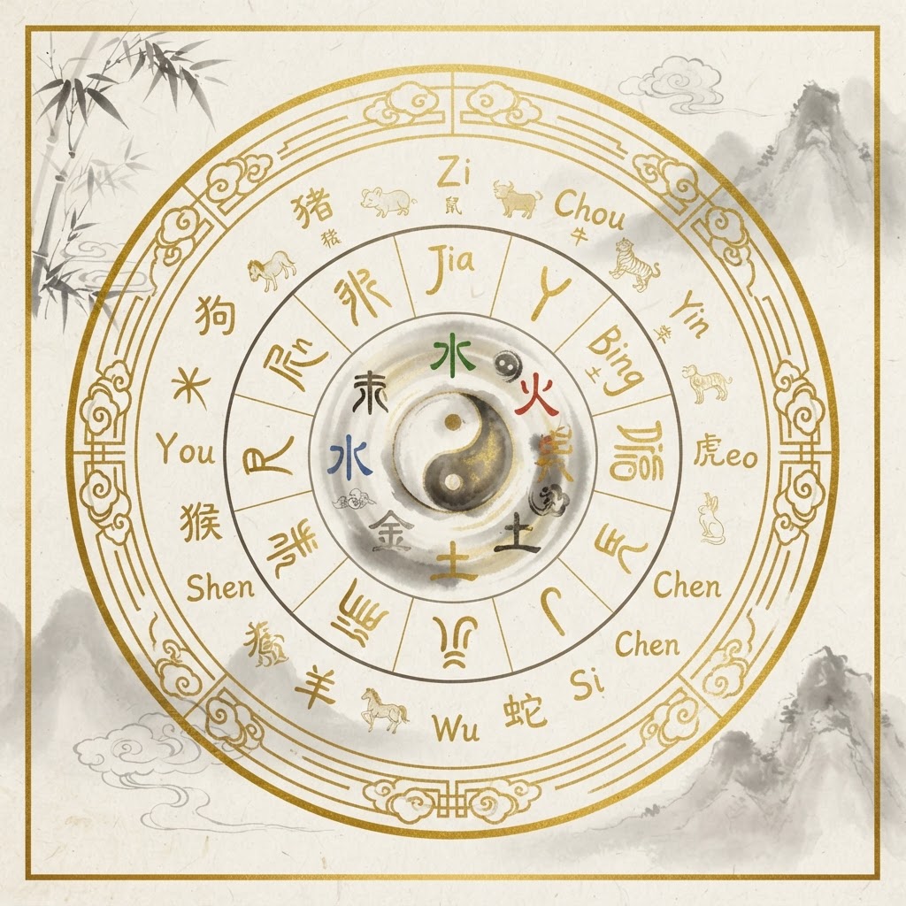 Ten stems and twelve branches in cycle ink-wash gold style