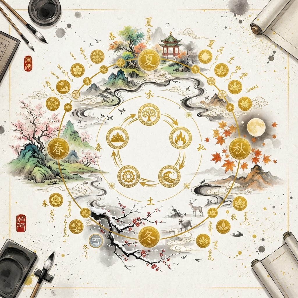 Chinese almanac with solar term markings ink-wash gold style