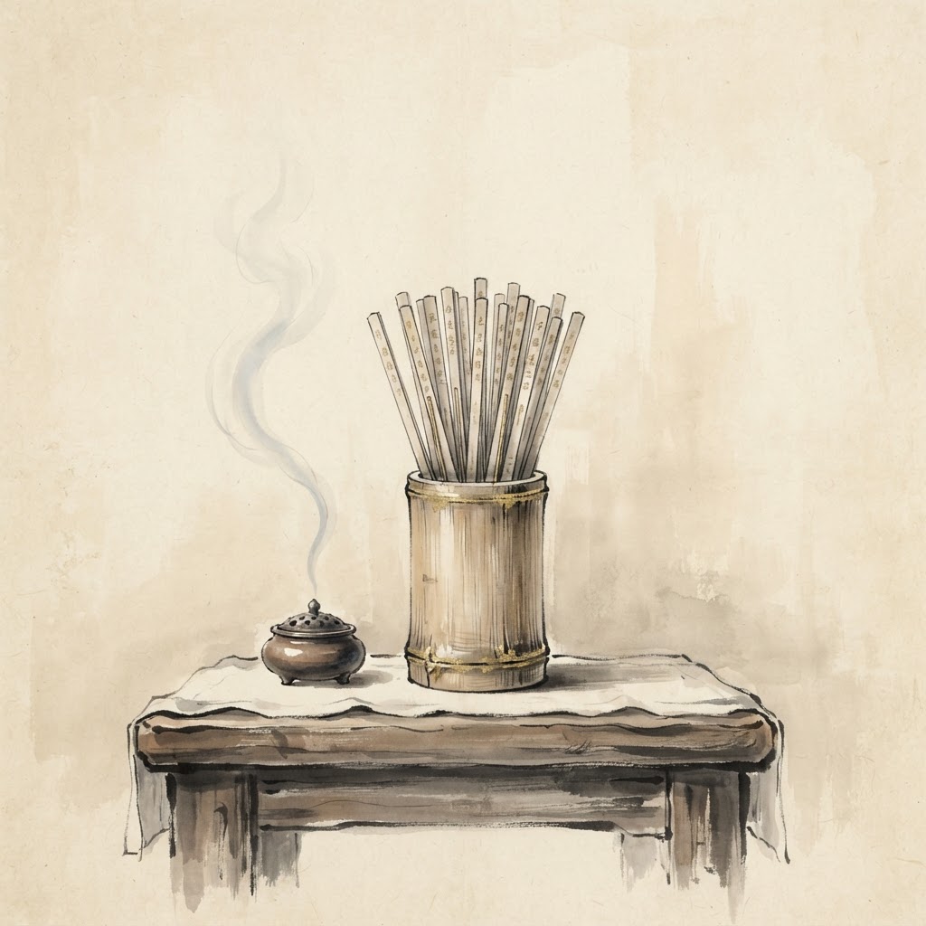 Chinese fortune stick cup on a temple altar, ink wash painting with gold accents