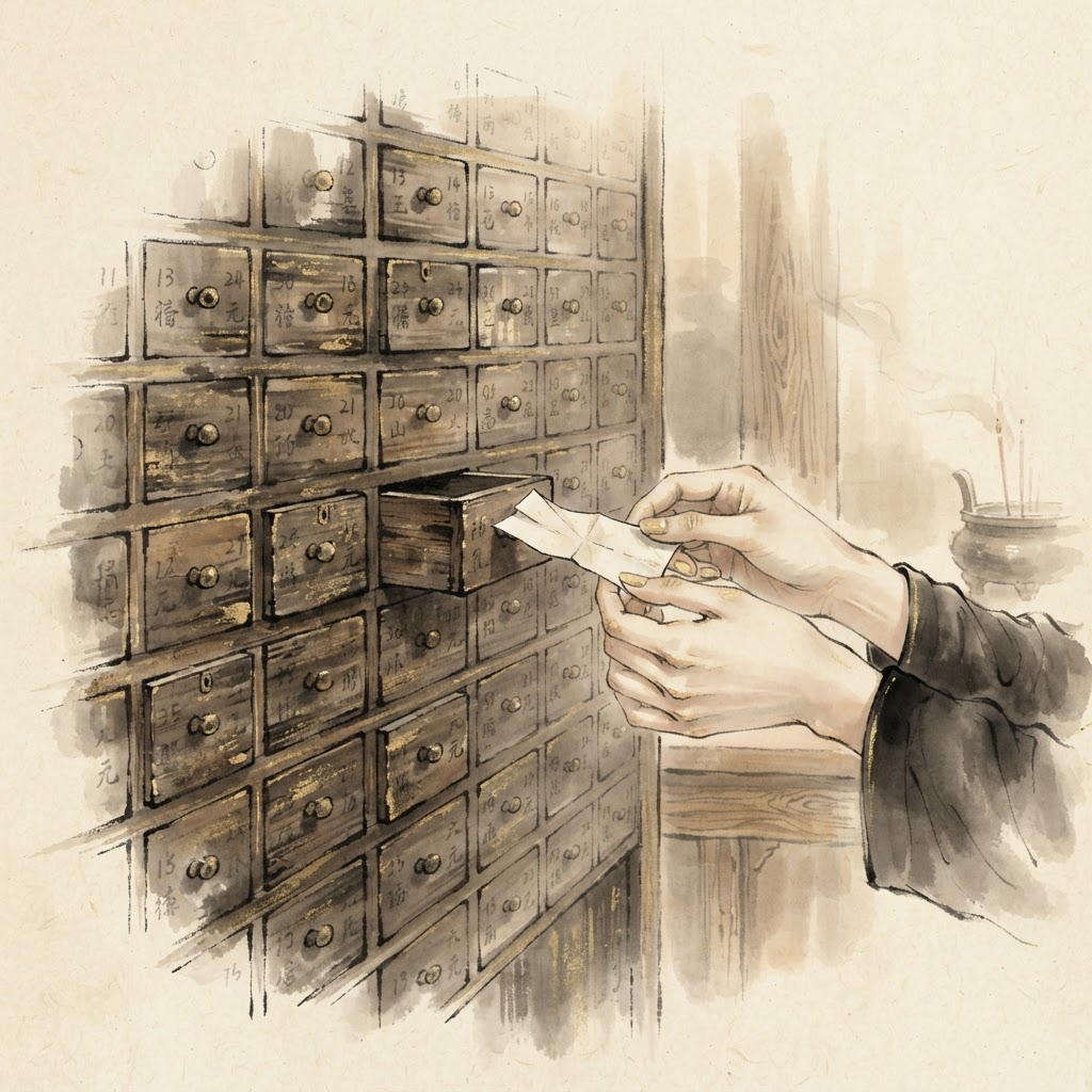 Hands receiving a fortune slip from a temple drawer wall, ink wash painting with gold accents