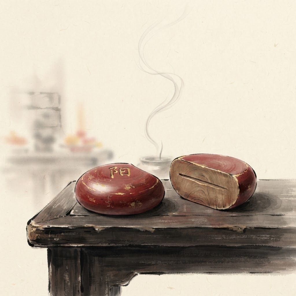 A pair of red crescent moon blocks (jiao bei) on a temple table, ink wash painting with gold accents