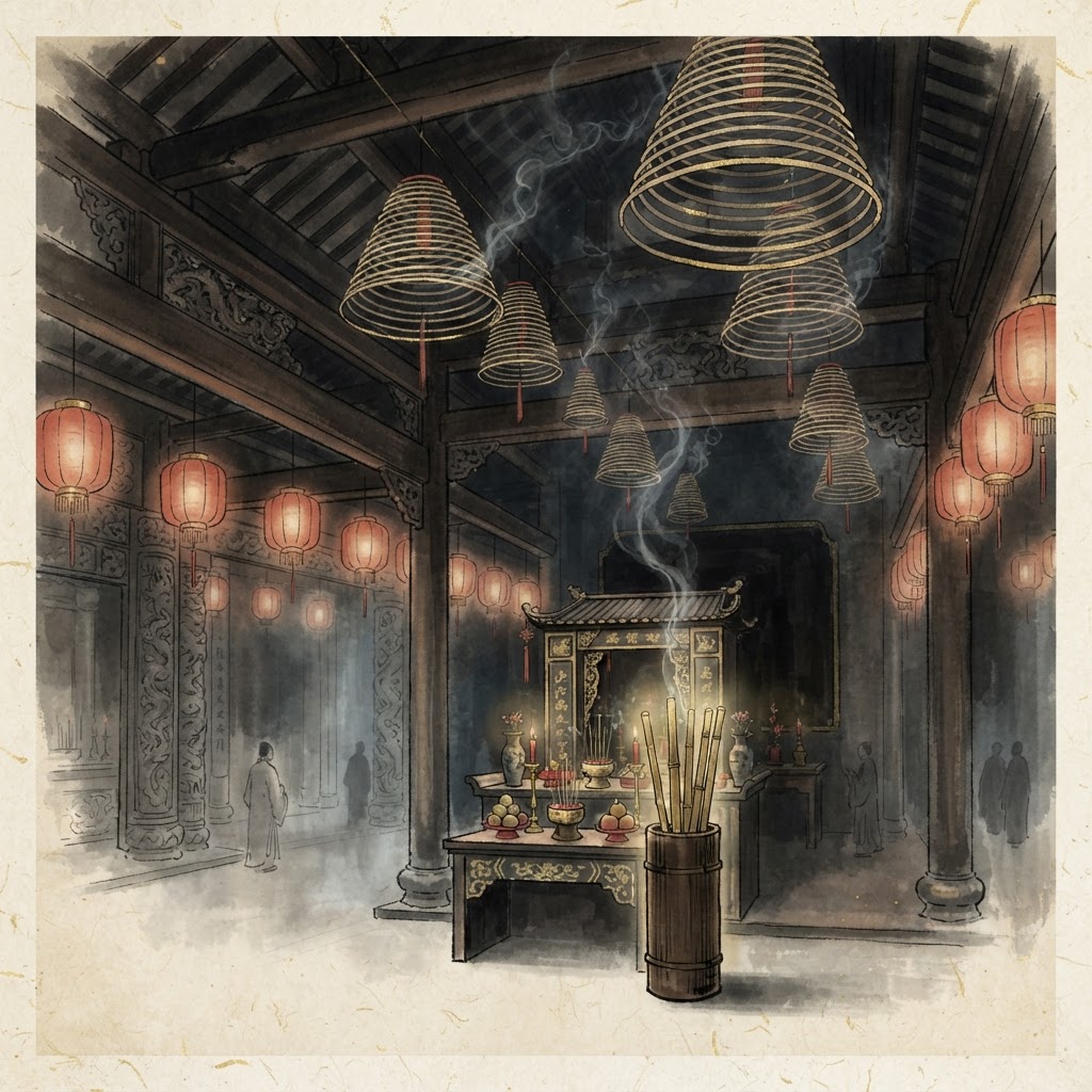Chinese temple interior with hanging incense coils and lanterns, ink wash painting with gold accents