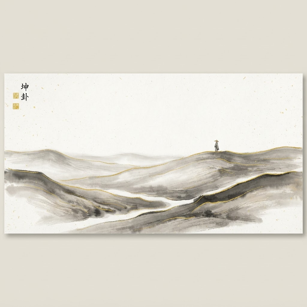 Ink wash painting of a vast earth landscape with rolling hills, representing the Kun hexagram and pure yin energy