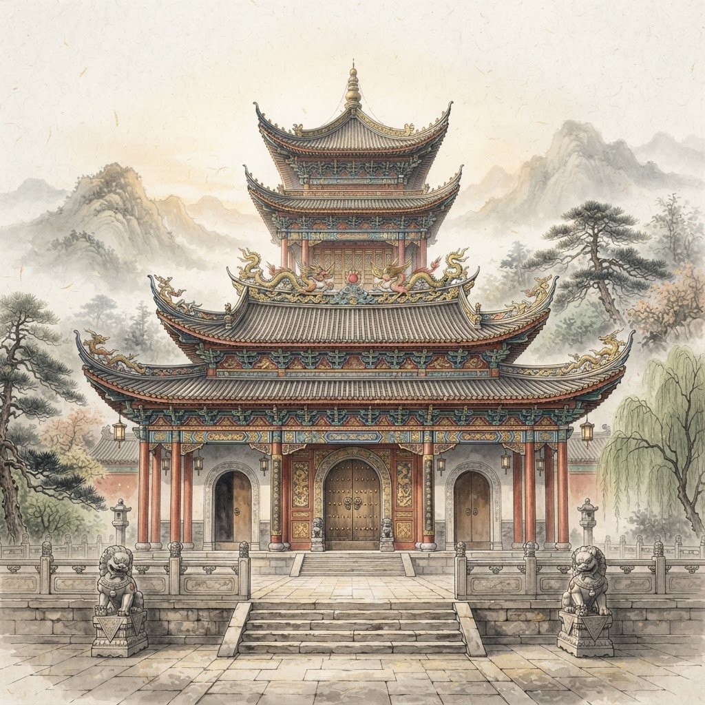 Kwan Im Thong Hood Cho Temple illustration: temple exterior with sweeping pagoda roofs