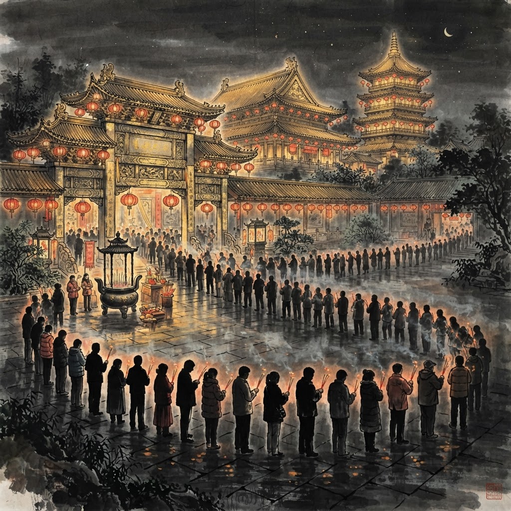 Kwan Im Thong Hood Cho Temple illustration: festival night queue with lanterns