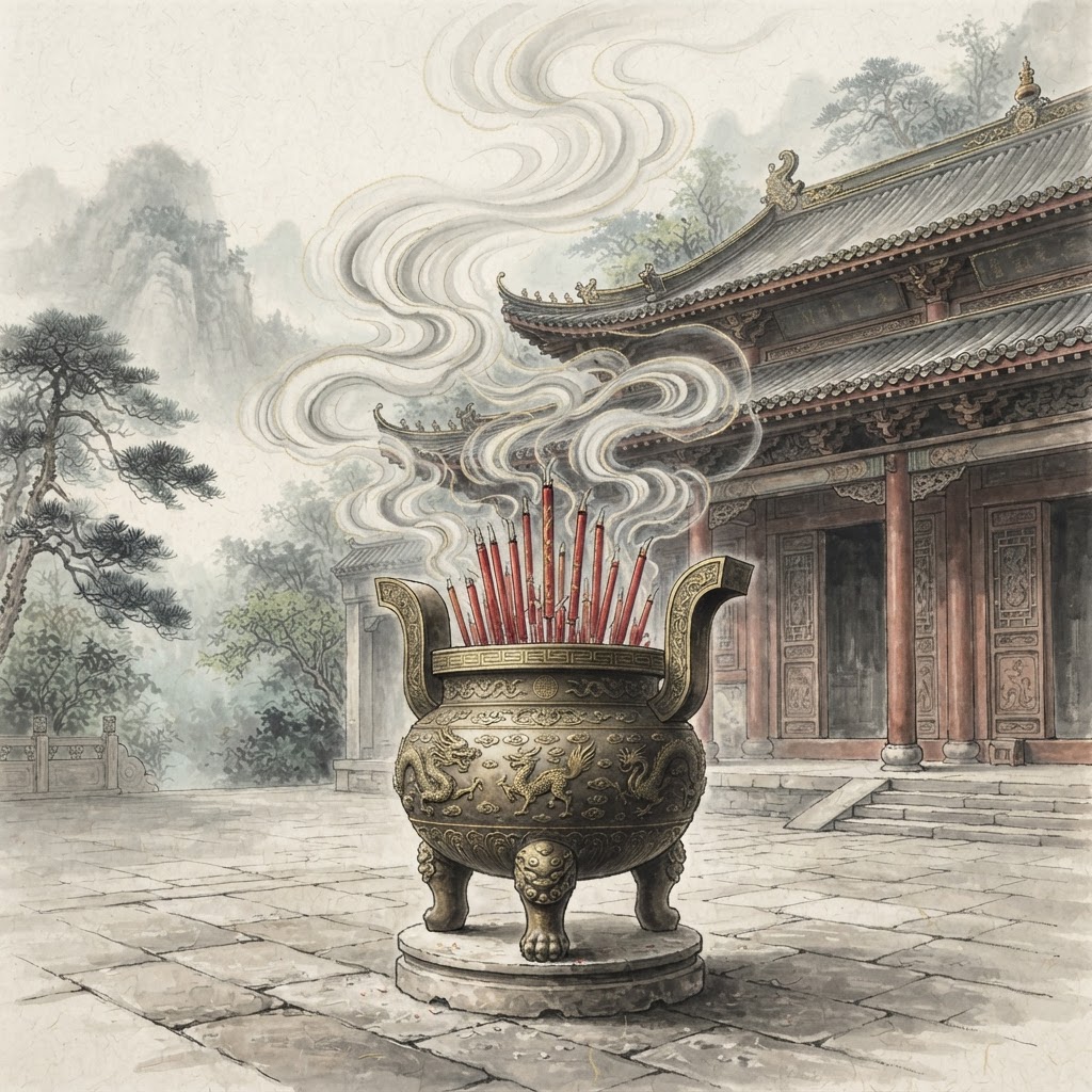 Kwan Im Thong Hood Cho Temple illustration: bronze incense urn with joss sticks