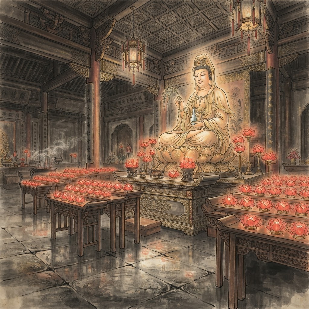Kwan Im Thong Hood Cho Temple illustration: interior altar with lotus lamps