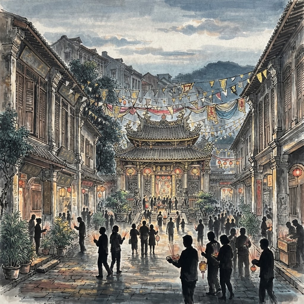 Kwan Im Thong Hood Cho Temple illustration: Waterloo Street with festival bunting