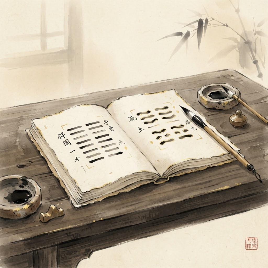 An open journal with I Ching hexagrams
