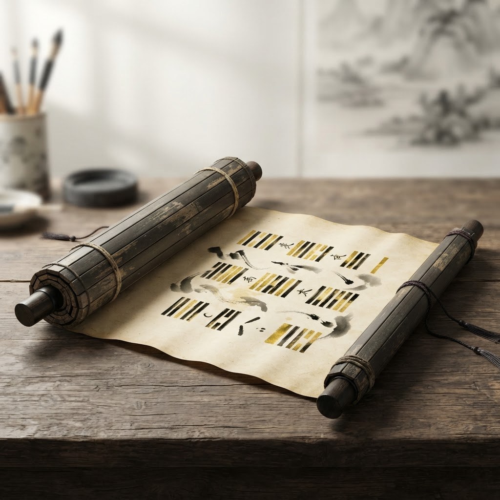 An ancient bamboo scroll with hexagram patterns
