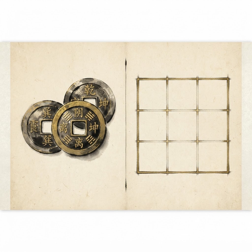 I Ching coins beside a nine-palace grid