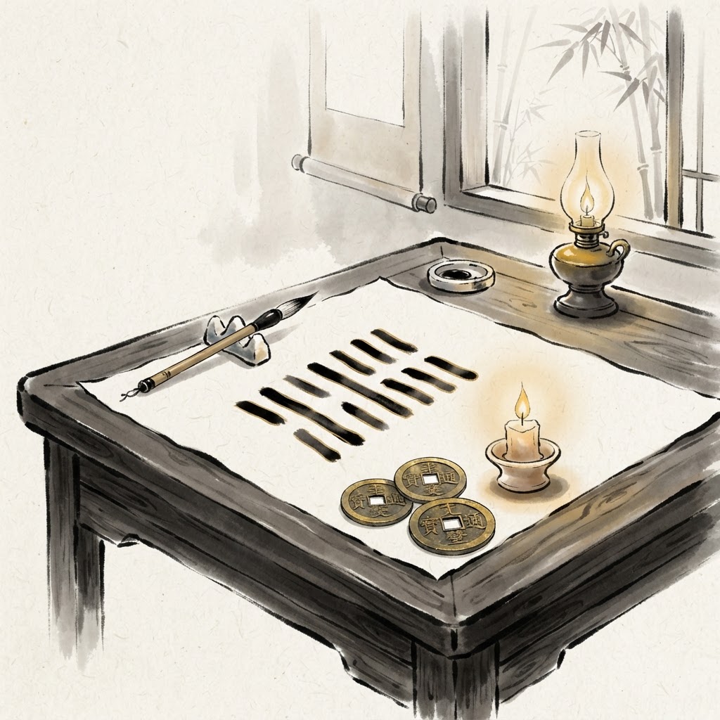 Three coins arranged for an I Ching casting.