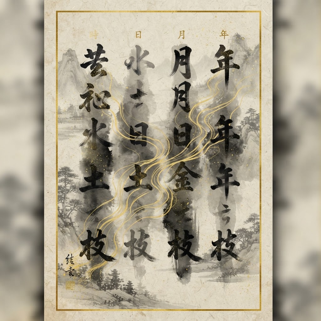 BaZi four pillars chart on rice paper with golden energy lines between columns